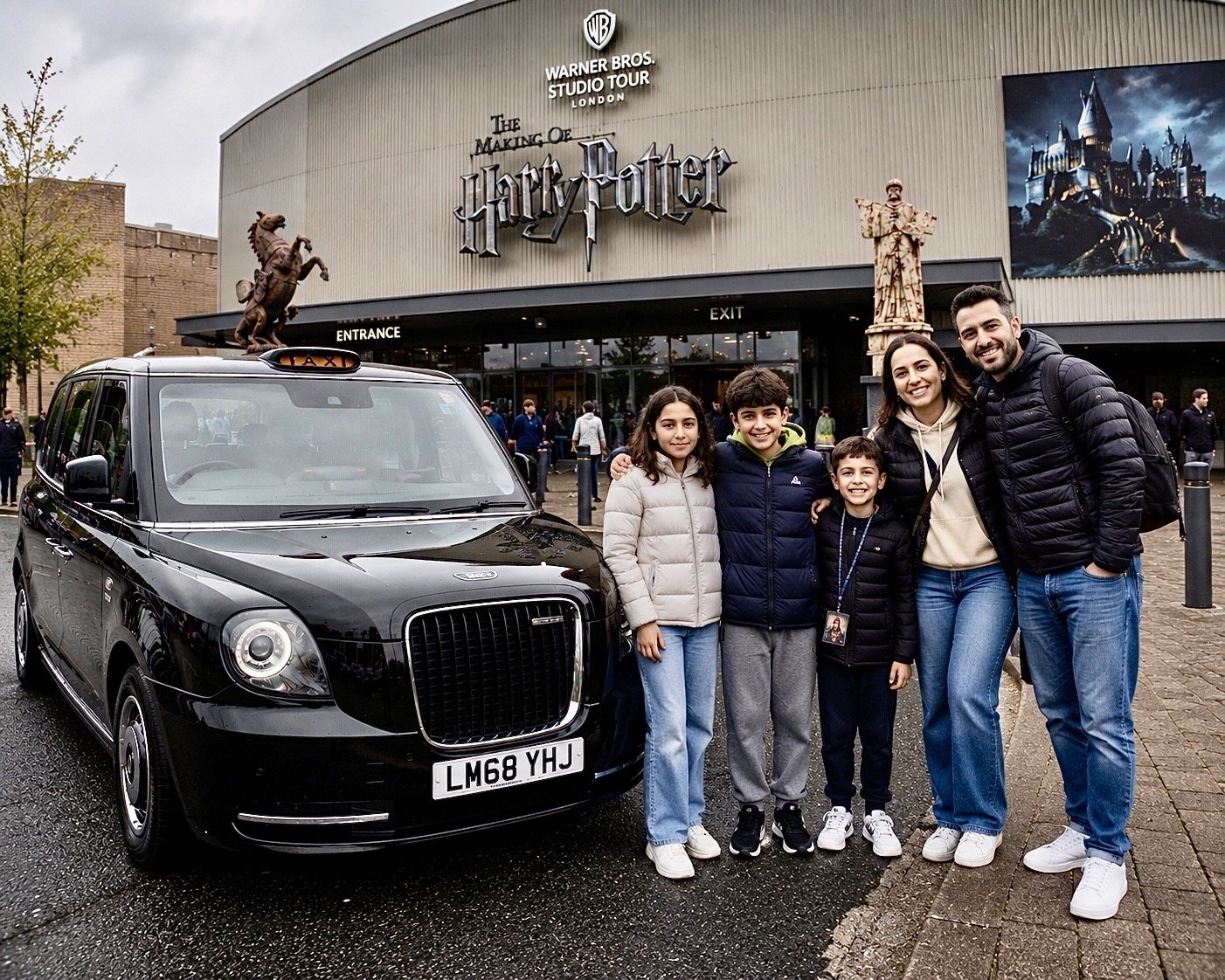 Family visiting Warner Bros Harry Potter Studio Tour in London black taxi