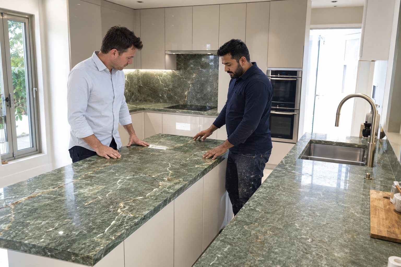 Stone specialists reviewing a worktop